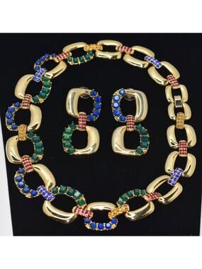 SCASSI Runway Haute Couture Rhinestone Gold Link Statement Necklace+Earring Set